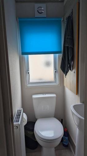 a small bathroom with a toilet and a window at Abi static caravan close to Edinburgh in Port Seton