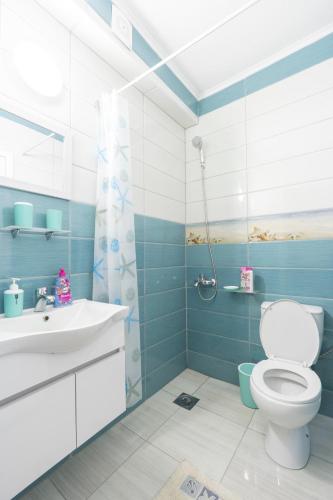 a blue and white bathroom with a toilet and a sink at Apartments by Proshevi in Star Dojran