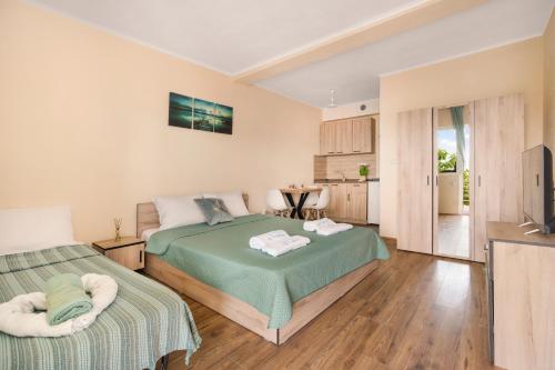 a bedroom with two beds and a television in it at Apartments by Proshevi in Star Dojran