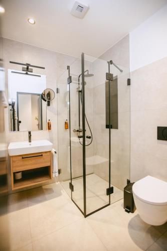 a bathroom with a shower and a sink and a toilet at Johanniter Gästehaus in Münster