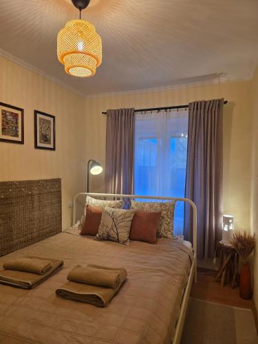 a bedroom with a large bed with two pillows on it at Arany Virág Vendégház in Mór