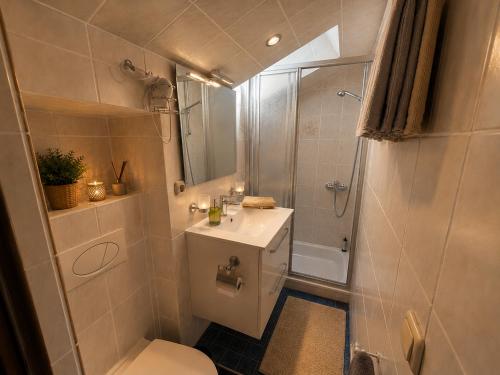 a bathroom with a toilet and a shower and a sink at Ferienwohnung Bischofshäusl in Berchtesgaden