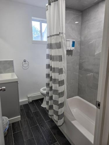 a bathroom with a shower curtain and a toilet at Shore Getaway 2 in Atlantic City