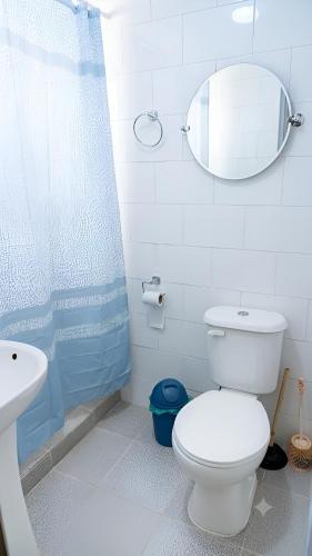 a bathroom with a toilet and a sink and a mirror at Dpto céntrico en primer piso in Valdivia