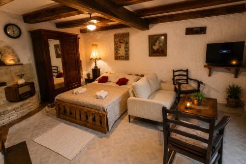 a bedroom with a bed and a couch and a tv at Rustic Garden & Jacuzzi Retreat in Vis