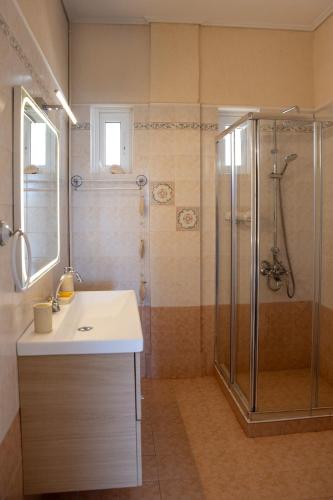 a bathroom with a sink and a shower at Oasis Sea view suit in Agia Marina Mikrolimanou
