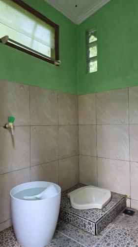 a green bathroom with a tub and a toilet at Villa Arkhazio in Megamendung