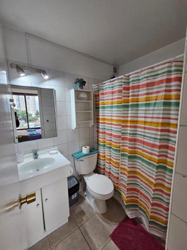 a bathroom with a toilet and a shower curtain at Acogedor y amplio departamento central in Temuco