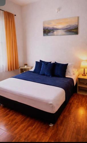 a bedroom with a large bed with blue pillows at Casa Fabiana in Lemos
