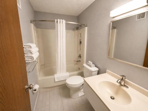 ein Badezimmer mit Waschbecken, Toilette und Dusche in der Unterkunft Corning Inn in Painted Post