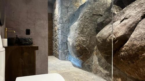 a bathroom with a large rock wall next to a toilet at Casa X in San Miguel de Allende