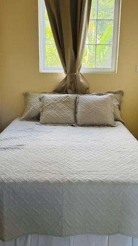 a bed with two pillows in a bedroom with a window at Hostal Casa Maros in Tamanique