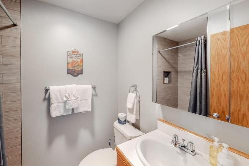 a bathroom with a sink and a toilet and a mirror at 523 S Cache in Jackson