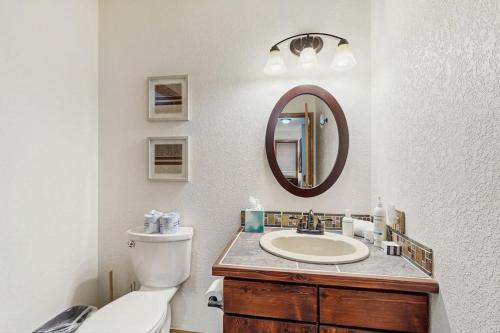 a bathroom with a toilet and a sink and a mirror at Wapiti Townhouse 3 in Fraser