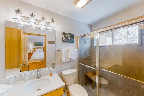a bathroom with a shower and a toilet and a sink at Saw Mill Station 127 in Winter Park