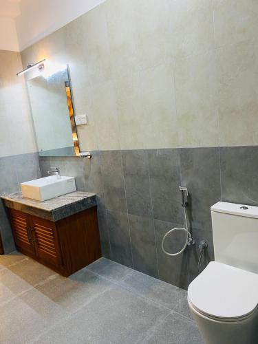 a bathroom with a toilet and a sink and a mirror at Heda Retreat in Aluthgama