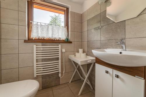 a bathroom with a sink and a toilet and a window at Dzika Stokrotka in Idzików