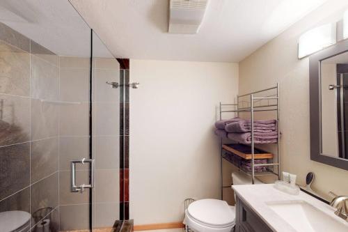 a bathroom with a shower and a toilet and a sink at Jarvis #202 in Durango