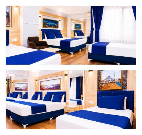 two pictures of a hotel room with two beds at Kadirga Antik Hotel - Sultanahmet in Istanbul