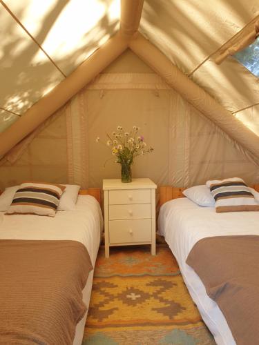 two beds in a tent with a vase of flowers at Domaine du Fourtet in Arfons