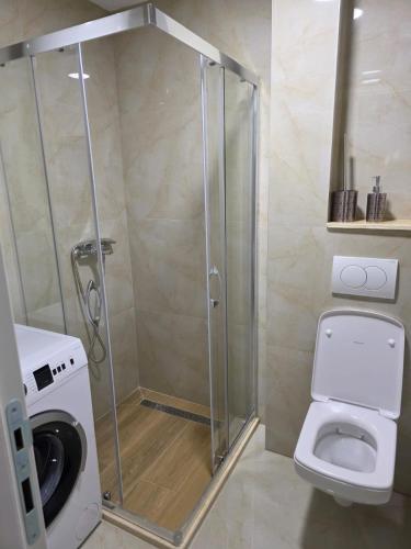 a shower stall in a bathroom with a toilet at A&A Apartment in Šušanj