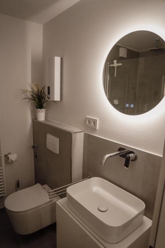 a bathroom with a sink and a toilet and a mirror at Apartment Claussen 1 in Bremerhaven