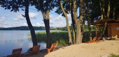 a row of chairs on a beach next to a lake at Houseboat - Hotel Ukiel Wellness & SPA in Olsztyn