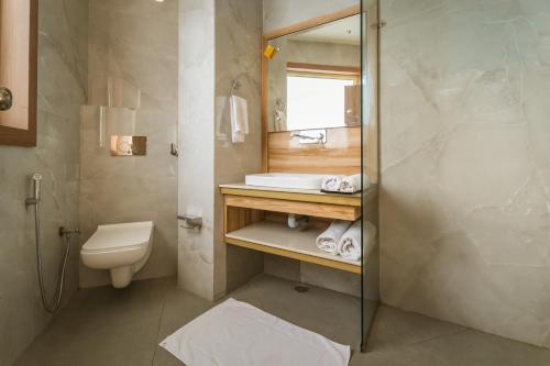 a bathroom with a sink and a toilet and a mirror at Tripli Hotels M & Resort in McLeod Ganj