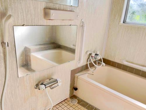 a bathroom with a bath tub and a mirror at 北アルプス麓のゲストハウス林屋 in Omachi