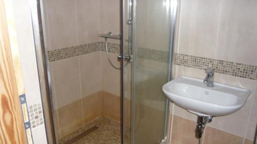 y baño con ducha y lavamanos. en Chalupa Záborčí en Malá Skála
