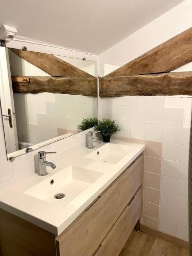 a bathroom with a sink and a mirror at La Belle Verte in Grignols
