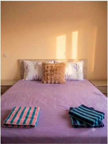 a bed with two pillows and two towels on it at Chinese home in Masis