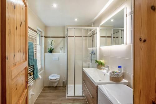 a bathroom with a toilet and a sink and a shower at Ferienhaus Kleine Auszeit in Bleicherode