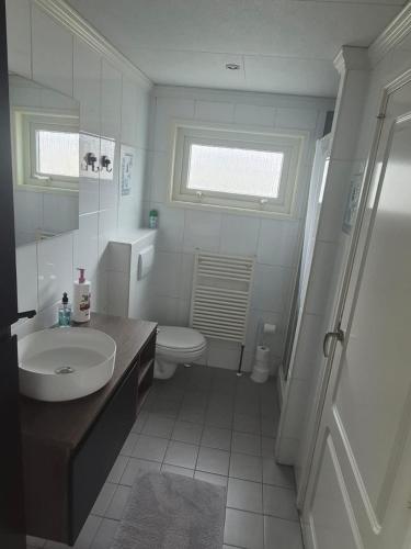 a white bathroom with a sink and a toilet at Het ooievaarsnest in Warmond