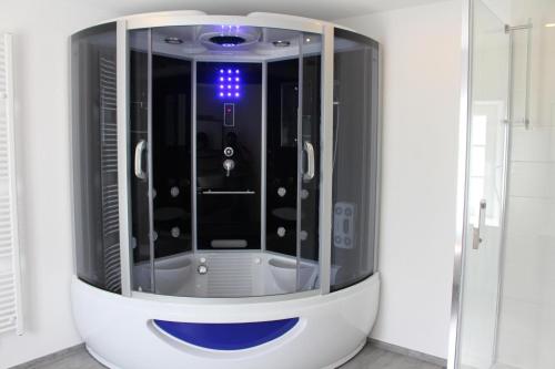 a shower in a room with a glass wall at Eifel-Dream Schneifelhaus in Kobscheid