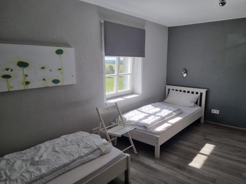 a bedroom with a bed and a chair and a window at Eifel-Dream Schneifelhaus in Kobscheid