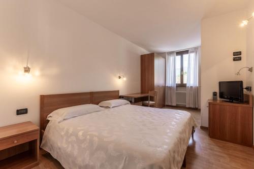 a bedroom with a large bed and a television at Hotel Posta in Comano Terme
