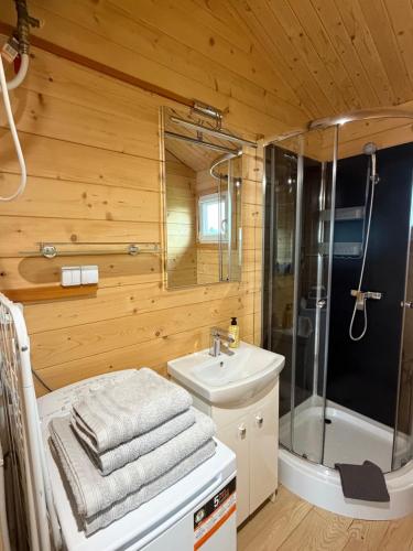 a bathroom with a shower and a sink and a toilet at Domki Me Mazury in Giżycko
