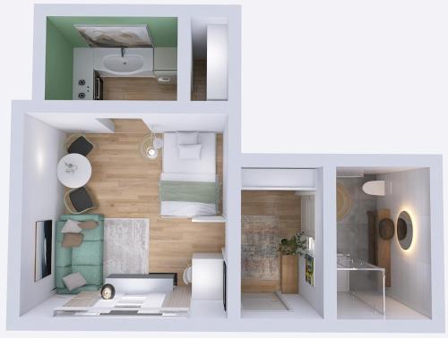 a collage of photos of a room with a bedroom at Apartment am Freitagsbach in Celle