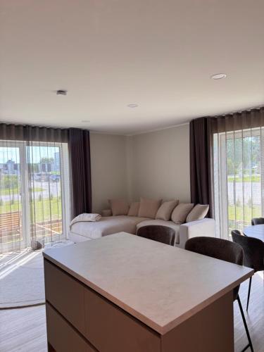 a living room with a couch and a table at Mõisavälja apartment in Rakvere