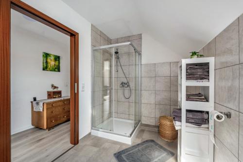 a bathroom with a shower and a sink at Haus Schönblick in Amorbach