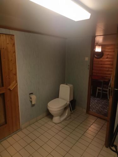 a bathroom with a toilet and a light on the ceiling at Aurora appartmens in Senja