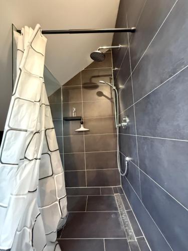a bathroom with a shower with a shower curtain at Danube House in Mohács