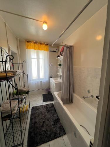 a bathroom with a bath tub and a shower at Chambre bleue in Vigneulles-lès-Hattonchâtel