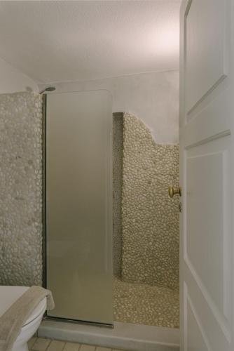 a bathroom with a shower with a glass door at Afroessa Hotel by Caldera Houses in Imerovigli
