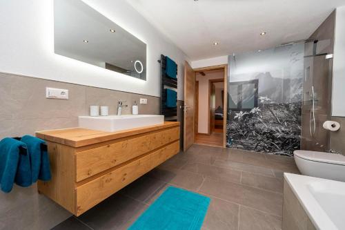 a bathroom with a sink and a toilet and a shower at Ferienwohnung Stuibock in Fischen