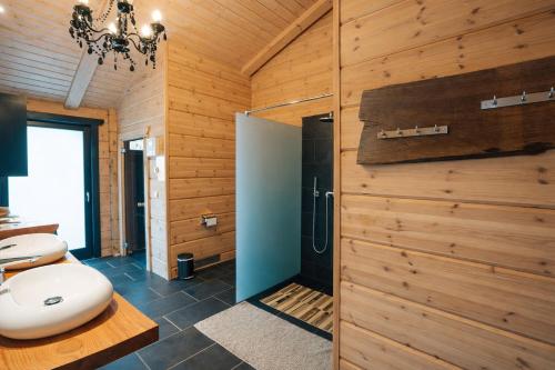 a bathroom with a toilet and a shower and a sink at Chalet Hahnenklee in Goslar