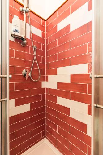 a shower with red tiles on the wall at The Chalet, guest house in Agerola