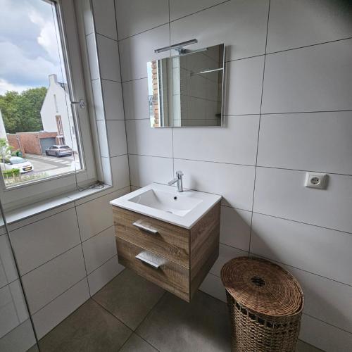 a bathroom with a sink and a mirror and a window at Residence Oosterhout in Den Hout