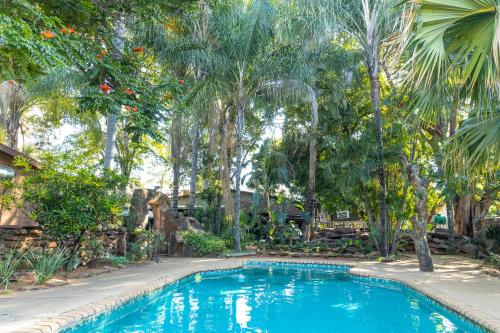 a swimming pool in a yard with palm trees at Eco Lodge Lephalale in Lephalale